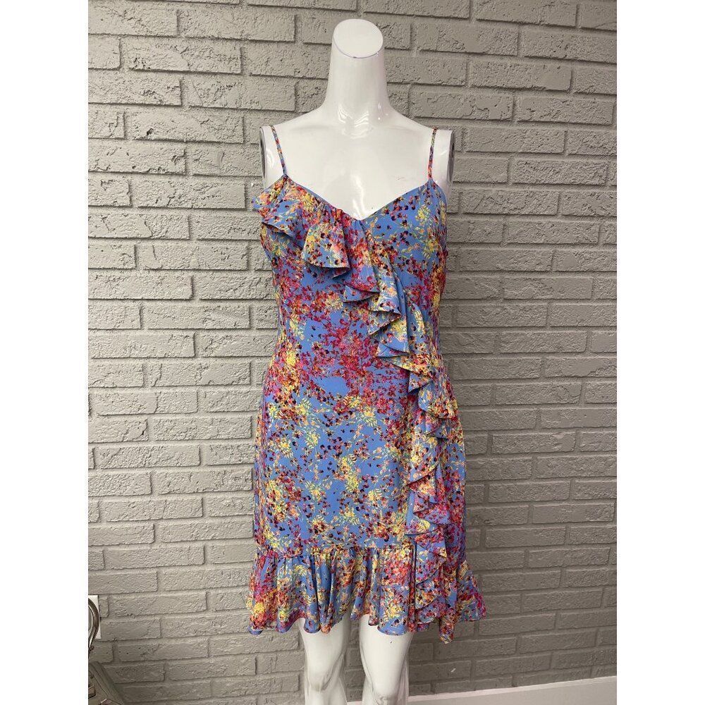 Devlin Women Multicolored Floral Asymmetrical Ruffle Spaghetti Strap Shift Dress